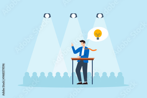 Flat illustration of businessman presenting innovative idea on stage with lightbulb speech bubble and spotlight in front of audience during business talk or seminar