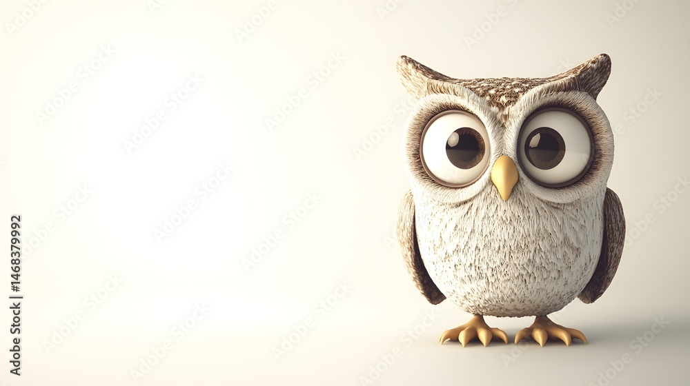 Obraz premium Cheerful 3D Cartoon Owl with Big Eyes on White Background for Children's Art