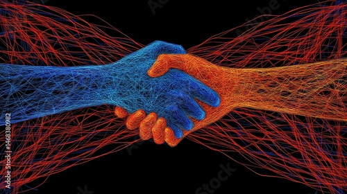 Futuristic handshake concept artificial intelligence collaboration digital network partnership agreement technology business connection