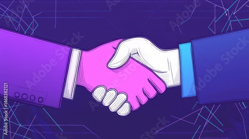Abstract artistic digital handshake symbolizing partnership and collaboration in a futuristic tech driven business environment