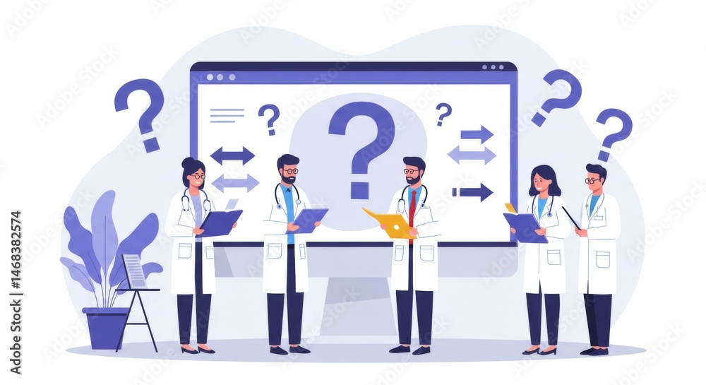 Medical team analysis and problem solving with question marks illustration Medical team analysis and problem solving with question marks illustration