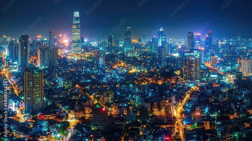 Obraz premium Nighttime cityscape view of illuminated modern high-rise buildings.