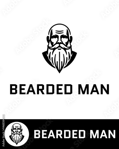 Free Download Stylish black and white logo featuring a bold, modern illustration of a bald male figure with a thick beard and mustache - GFXLoad