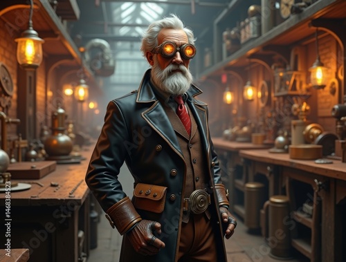 high-fidelity 3D model of a steampunk inventor with intricate goggles, leather attire, and mechanical gadgets, standing in a vintage workshop filled with gears and steam