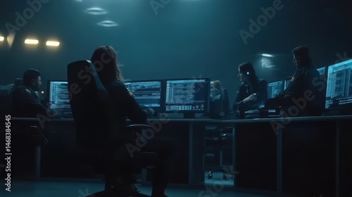 Intense cyber security team monitors computer screens in dark control room working on intelligence analysis and data processing