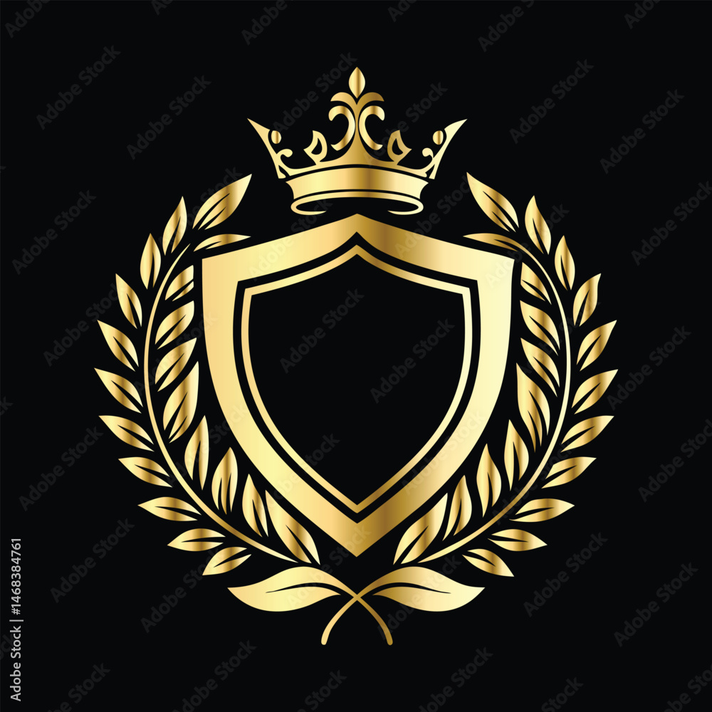 Obraz premium Golden heraldic shield with crown. Heraldic Coat of Arms decorative logo isolated vector illustration. Luxury golden laurel wreath heraldic emblem template vector illustration.Heraldic Coat of Arms de