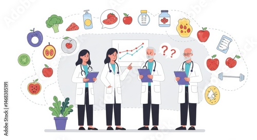 Team of doctors discussing healthy lifestyle choices and nutritional habits