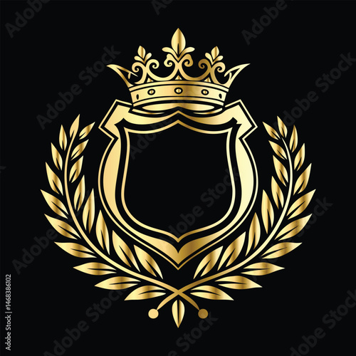 Golden heraldic shield with crown. Heraldic Coat of Arms decorative logo isolated vector illustration. Luxury golden laurel wreath heraldic emblem template vector illustration.Heraldic Coat of Arms de