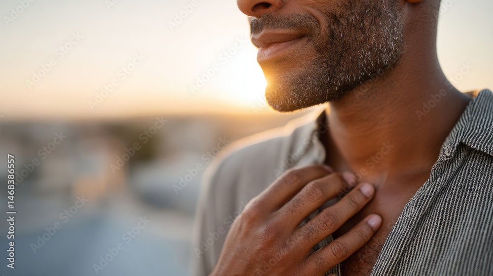 Fototapeta premium Casual elegance with open shirt and gentle smile at sunset