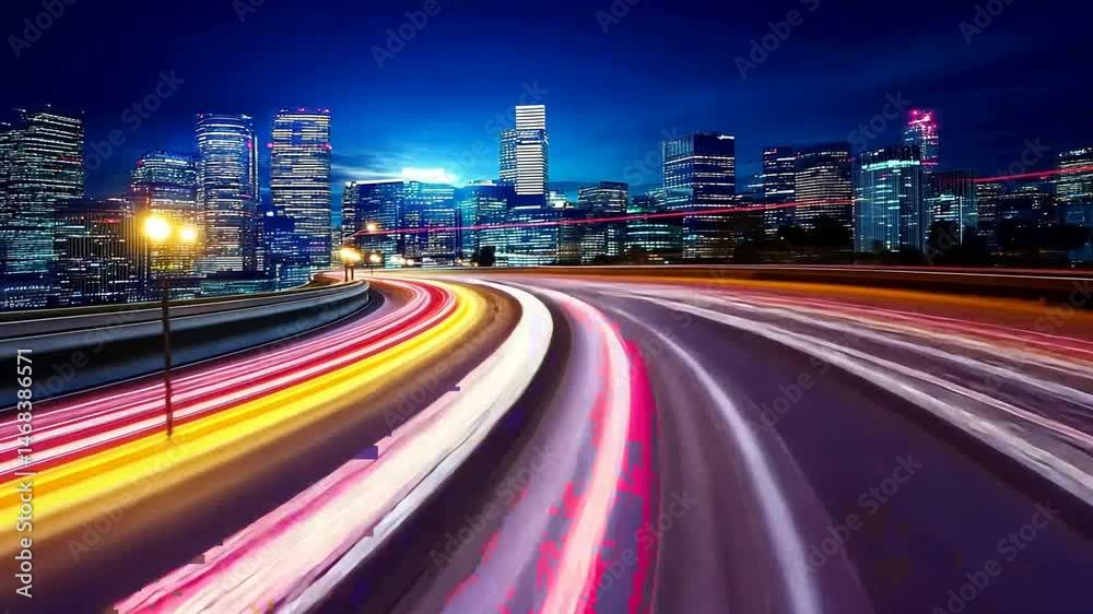 Night cityscape with illuminated skyscrapers and vibrant light trails from vehicles on a curving highway, creating a dynamic urban scene Night cityscape with illuminated skyscrapers and vibrant light trails from vehicles on a curving highway, creating a dynamic urban scene