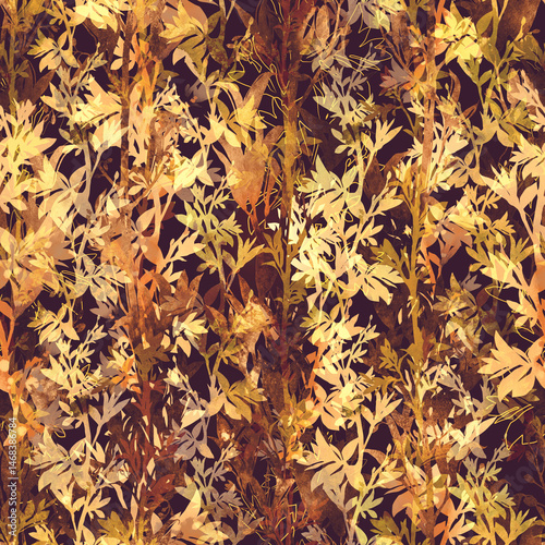 Seamless botanical pattern with dry leaves and flowers silhouettes and watercolor texture. Stylized leaves, soft contrast, repeating layout for surface design and textile use.