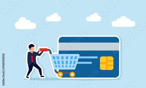 Businessman pushing cart towards credit card illustration symbolizing strong financial foundation supporting business spending needs