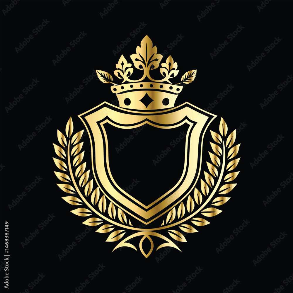 Fototapeta premium Golden heraldic shield with crown. Heraldic Coat of Arms decorative logo isolated vector illustration. Luxury golden laurel wreath heraldic emblem template vector illustration.Heraldic Coat of Arms de