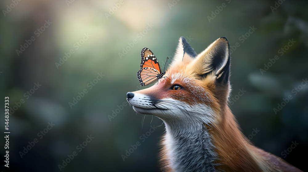 Obraz premium Red Fox With Butterfly In Forest