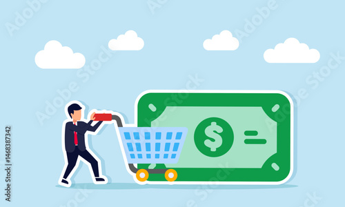 Businessman pushing cart towards dollar money illustration depicting strong financial foundation supporting business spending needs