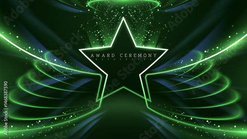 Neon light frame star shape with green glow effect and glitter, luxury vector illustration design for award ceremony.