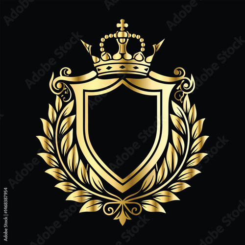 Golden heraldic shield with crown. Heraldic Coat of Arms decorative logo isolated vector illustration. Luxury golden laurel wreath heraldic emblem template vector illustration.Heraldic Coat of Arms de