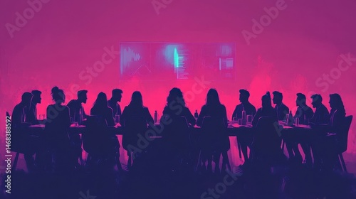 Cyberpunk Roundtable Futuristic Collaboration Group Discussion Violet Neon Lighting Innovative Corporate Brainstorming Strategy Meeting