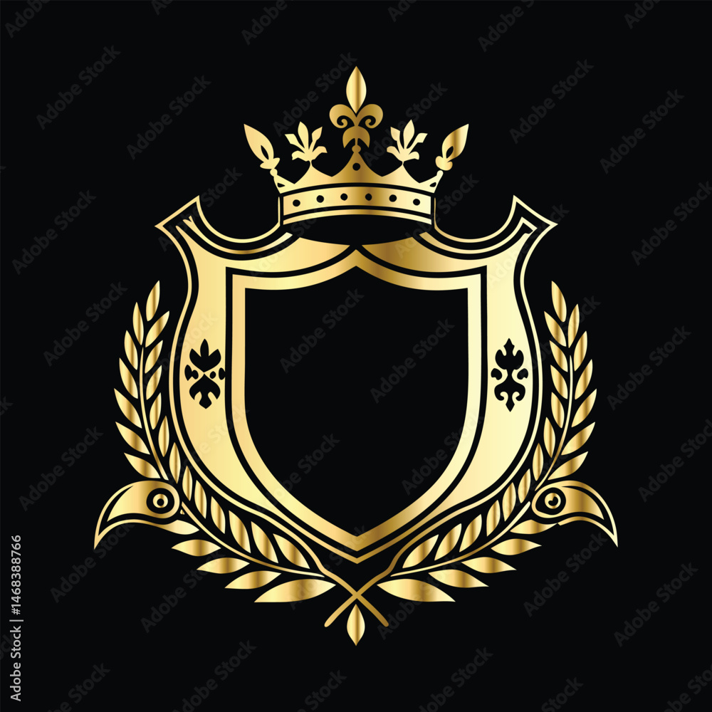 Obraz premium Golden heraldic shield with crown. Heraldic Coat of Arms decorative logo isolated vector illustration. Luxury golden laurel wreath heraldic emblem template vector illustration.Heraldic Coat of Arms de