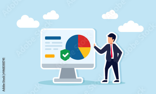 Businessman standing next to monitor displaying data pie chart and green checkmark shield illustration of validating and verifying profit-sharing agreement in business