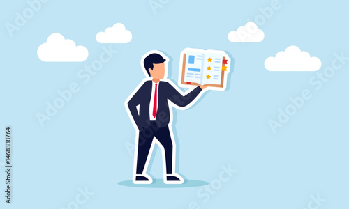 Businessman holding an open book with stars studying business service and product quality improvement illustration