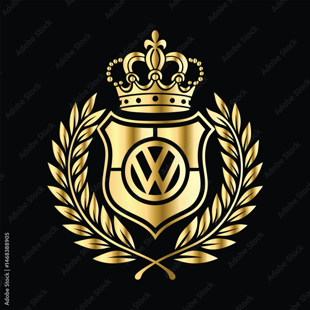 Fototapeta premium Golden heraldic shield with crown. Heraldic Coat of Arms decorative logo isolated vector illustration. Luxury golden laurel wreath heraldic emblem template vector illustration.Heraldic Coat of Arms de