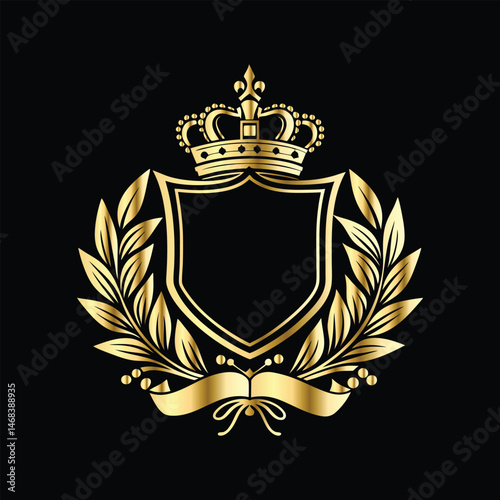 Golden heraldic shield with crown. Heraldic Coat of Arms decorative logo isolated vector illustration. Luxury golden laurel wreath heraldic emblem template vector illustration.Heraldic Coat of Arms de