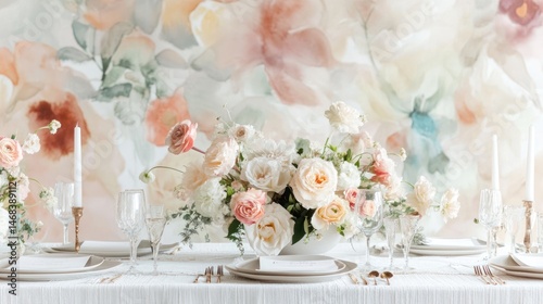 A sophisticated floral centerpiece arrangement on a beautifully set table. photo