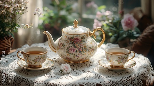 Vintage tea set on lace tablecloth