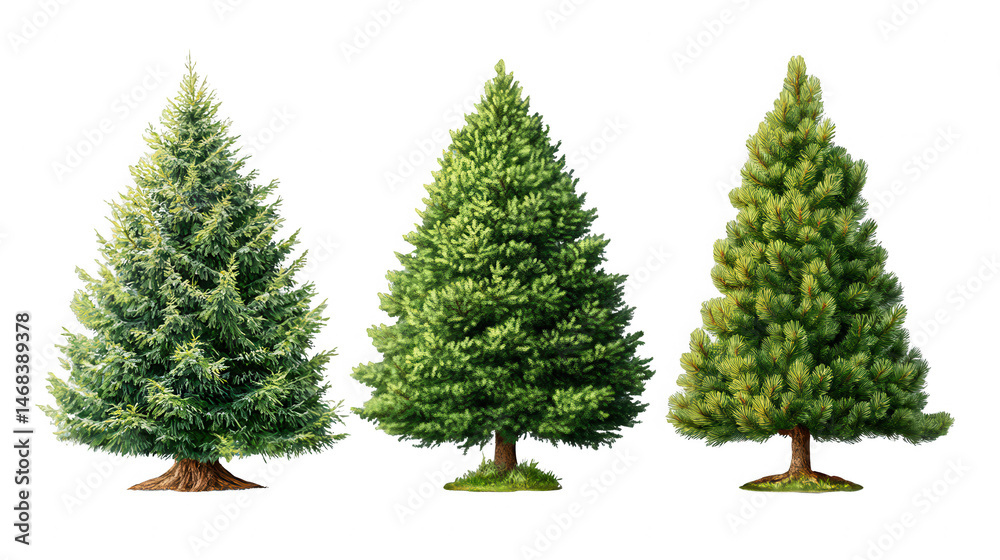 Three Distinct Coniferous Trees Isolated on Transparent Background for Design Three Distinct Coniferous Trees Isolated on Transparent Background for Design