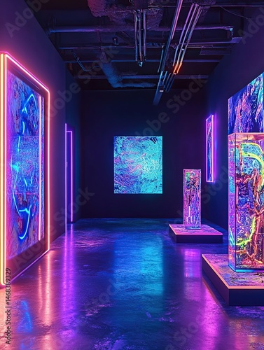 Neon-lit art gallery space photo