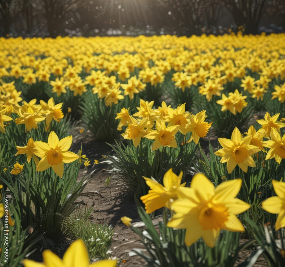Obraz premium Sunlit field of vibrant yellow daffodils, petals gleaming , yellow flowers, spring, vibrant