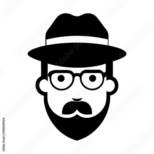 Stylish bearded man wearing glasses and hat portrait in simple black and white vector