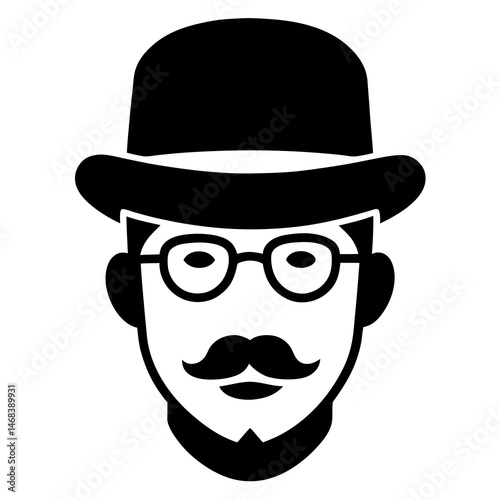 A silhouetted face of a man wearing a bowler hat with glasses and a mustache