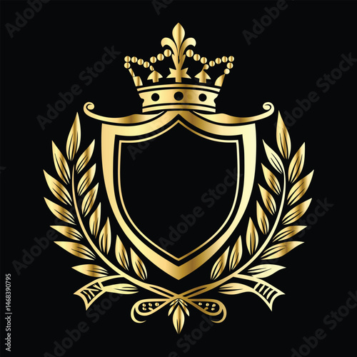 Golden heraldic shield with crown. Heraldic Coat of Arms decorative logo isolated vector illustration. Luxury golden laurel wreath heraldic emblem template vector illustration.Heraldic Coat of Arms de