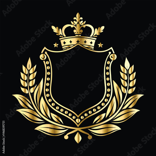 Golden heraldic shield with crown. Heraldic Coat of Arms decorative logo isolated vector illustration. Luxury golden laurel wreath heraldic emblem template vector illustration.Heraldic Coat of Arms de