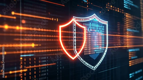 Glowing shield emblem floats in a digital landscape of binary code and light trails, symbolizing cybersecurity and data protection