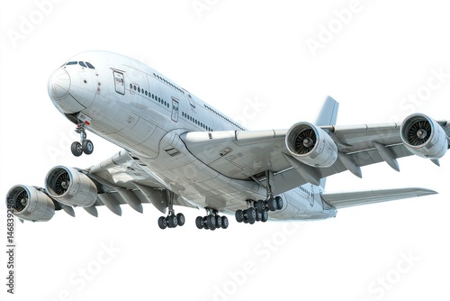 A large commercial aircraft in flight with landing gear extended showcasing detailed engines a