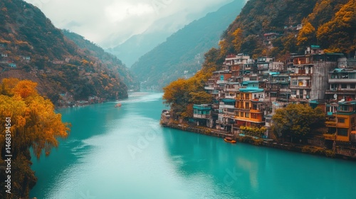 Enchanting riverine community nestled between verdant mountains, cascading down to turquoise waters