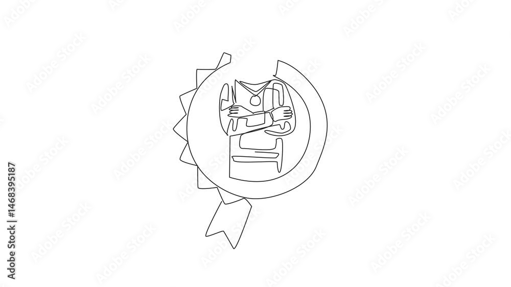 Self drawing animation of continuous one line drawing astronaut crossed arm on chest while medal around neck. Inspiring future generations to dream big. Employee Appreciation Day. Full length animated Self drawing animation of continuous one line drawing astronaut crossed arm on chest while medal around neck. Inspiring future generations to dream big. Employee Appreciation Day. Full length animated