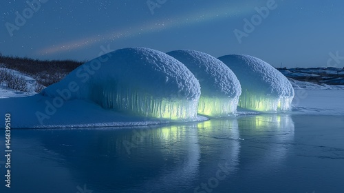 Vast icy tundra enormous glowing ice formations frozen lakes reflecting the aurora borealis cinematic frozen wonder