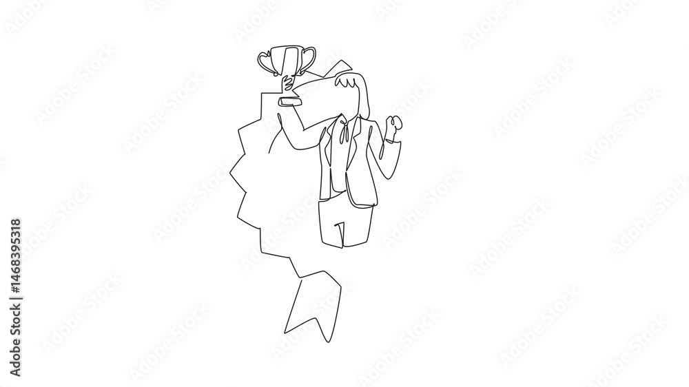 Animated self drawing of continuous line drawing woman in blazer holding trophy. Breaking gender barriers in the workplace. Professional. Employee Appreciation Day. Full length single line animation Animated self drawing of continuous line drawing woman in blazer holding trophy. Breaking gender barriers in the workplace. Professional. Employee Appreciation Day. Full length single line animation