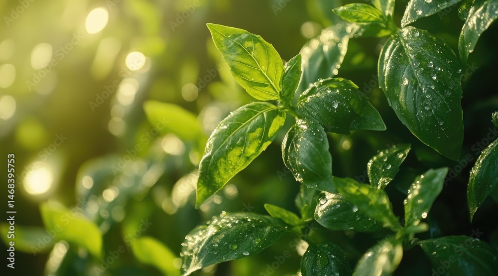 Dew-kissed basil leaves bathed in warm sunlight (1) Dew-kissed basil leaves bathed in warm sunlight (1)