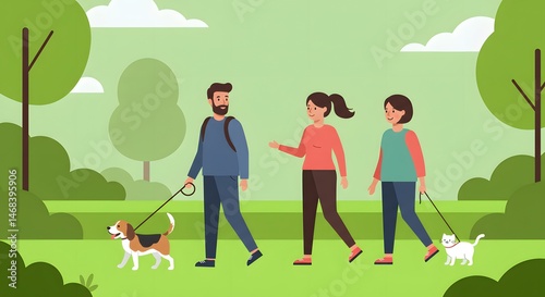 Group Of Friends Enjoying A Relaxing Walk With Dogs In A Lush Green Park