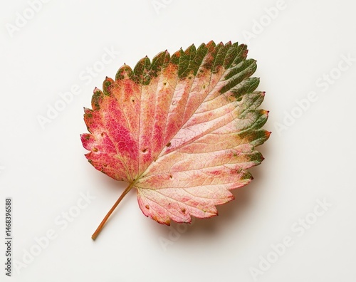 A single autumn leaf, pink, red, and green hues, isolated on white