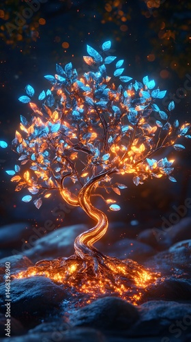Glowing, mystical tree with vibrant light