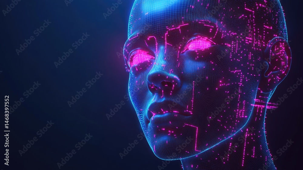 Close-up of a humanoid robot face with glowing pink eyes and neon accents. For AI discussions, sci-fi art, robotics blogs, or articles on future technology.