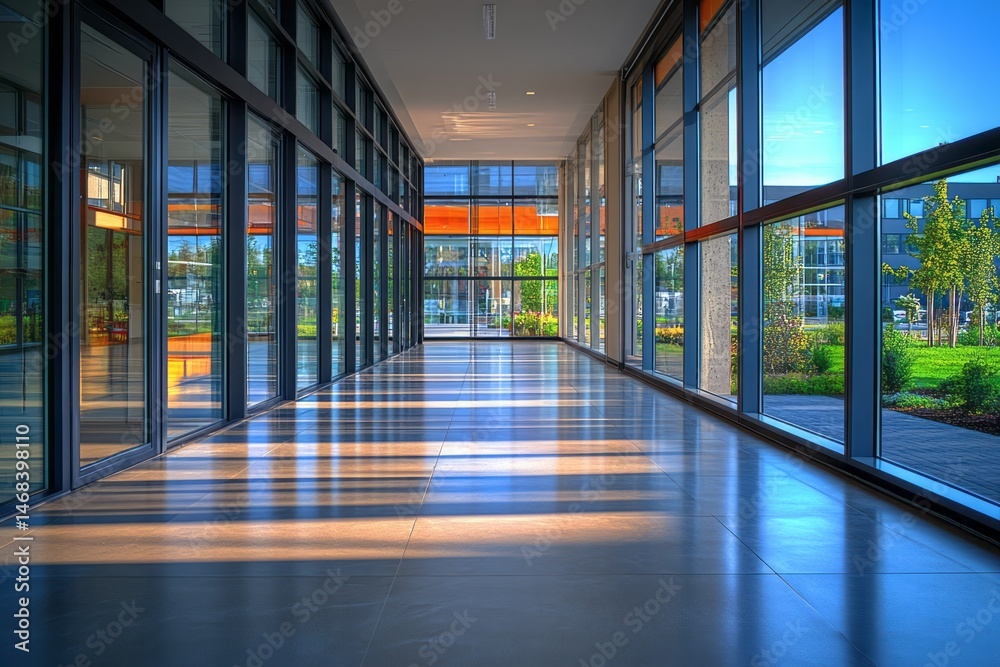 Fototapeta premium Modern office corridor with large windows and natural light.