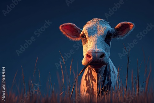 A curious cow in golden sunset meadow peaceful farm animal portrait art calm gaze grass rural light photo