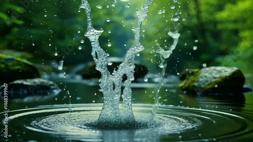 A dynamic water splash erupts from a calm, dark surface, creating ripples, with blurred green forest and rocks in the serene background